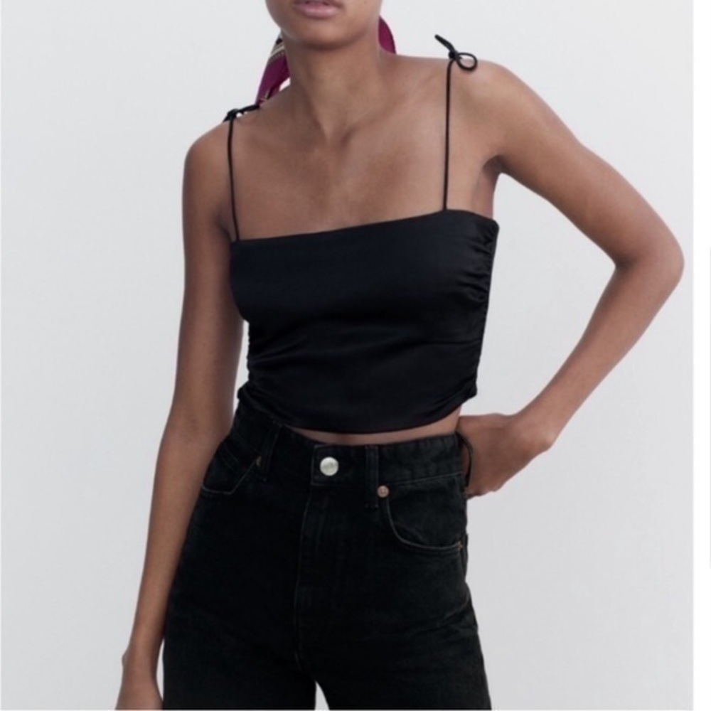 Zara Satin Effect Black Ruched Crop Tank Top Tie Straps Women's Size XL